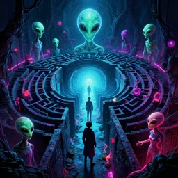 mystical aliens portal in dark spooky labyrinth, highly detailed, bright neon colors, synthwave, cinematic, michael whelan, bruce pennington, vladimir kush, chris foss, alfred kelsner, kubrick, bob eggleton, lisa frank, boris vallejo