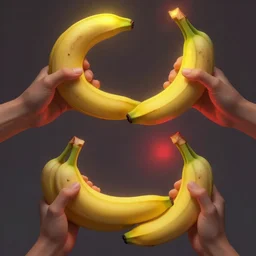 two hands, each holding two bananas, each touching a banana on top, then touching a banana on bottom. each banana has a yellow light on top. the bananas are yellow, and there is a red light as the color of bananas, fantasy art, artstation, trending, ultra detailed, emotional