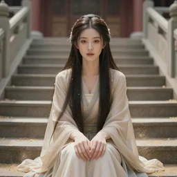 like dust, magic gathers in overlooked places, photorealistic portrait of yuja wang. absolutely stunning!, sitting on the stairs to a palace, beautiful omnipotent goddess, symmetrical perfect face, porcelain skin, ultra - detailed, digital art, unreal engine 5, 8 k