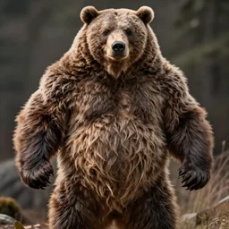 photo of a shirtless muscle bear's furry torso covered by shaggy grizzly bear fur and belly covered by shaggy grizzly bear fur and biceps covered by shaggy grizzly bear fur, werebear transforming