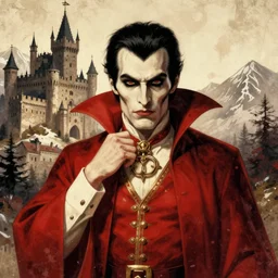 centered detailed, portrait of count dracula, castlevania, horror, gothic, medieval castle in carpathian mountains, art by jean giraud and moebius, grimy texture, realistic, expressive emotions, red and cream colours