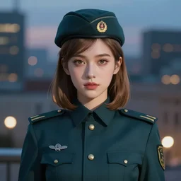 young woman with shoulder length light brown hair and hazel eyes dressed in a sharp dark teal military uniform and beret, symmetry, blurred city background in twilight lighting, ilya kuvshinov, anime, greg rutkowski, guweiz, ross tran, artstation trending, artgerm, concept art, digital painting, painterly