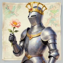 opalescent retrofuturistic digital airbrush illustration of a knight wearing an ornate gold headpiece and holding a flower with a map of the collective subconscious in the background by rene magritte