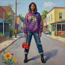 painting by martine johanna of stella maxwell wearing a hoodie standing in a township street in the style of jenny saville, street fashion outfit, haute couture fashion shoot, full figure painting by david choe and ryan hewett, decorative flowers, 2 4 mm, die antwoord yolandi visser