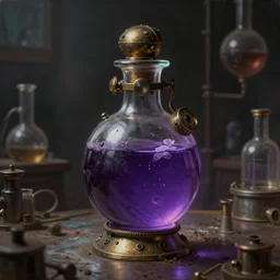a painting of a steampunk violet potion bottle in a dark dusty vintage science lab, by h. r. giger, hyperrealistic fantasy art, concept matte, ethereal, dreamy, digital art, trending on artstation, volumetric cinematic lighting