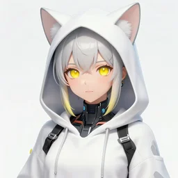 with yellow eyes, a beautiful anime cyborg - girl wearing a cat hoodie, wlop, ilya kuvshinov, artgerm, krenz cushart, greg rutkowski, hiroaki samura, range murata, james jean, katsuhiro otomo, erik jones, serov, surikov, vasnetsov, repin, kramskoi