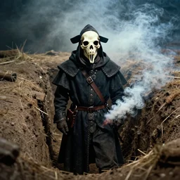 smoke,!!! colored photography, wwi a medieval wearing plague doctor plague doctor bone mask over a dug out trench, diorama, dramatic light, zdzidaw, ultrafine, hyperrealistic, 3 2 k, 3 5 mm film still, movie