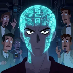 a malevolent digital intelligence, portrait of a digital consciousness, glowing digital runes, panicked scientists in the background, motherboard circuitry, hi tech, futurism, rhads!!!, james gurney, ( art fitzpatrick ), ( asaf hanuka ), ( ( barclay shaw ) ), ominous, saturday morning cartoon, clean linework, western animation