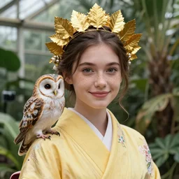 portrait photograph of an extremely beautiful!!!! young female, symmetric face!, symmetric round detailed eyes!!, slight smile, natural light, freckles. wearing a yellow kimono!! with a very detailed barn owl! on her shoulder in a tropical greenhouse. looking at the camera!!. golden crown made of golden leaves. super resolution. extremely detailed. graflex camera!, bokeh!!!!! trending on artstation.
