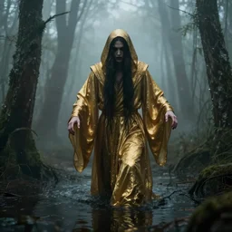 photo of a mystical figure in golden robes sneaking through a swamp in the fog, cinematic lighting, highly detailed, horror
