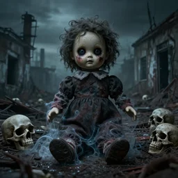 a color photograph of a haunted creepy doll photographs in a desolate nuclear apocalypse, ectoplasm, very creepy, skull, bones, possessed, atmospheric, dark derelict environment, highly detailed, epic scene