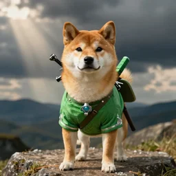Shiba Inu dressed as Link from the Legend of Zelda, realistic photograph