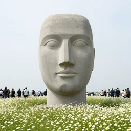 an enormous, monolithic concrete head in the foreground of a meadow of daises, visible horizon, overcast day, no clouds, people gathered round