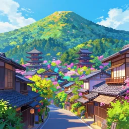a beautiful japanese city in the mountain, amazing ryokans and gorgeous edo era houses, fantastic non human character, epic cyberpunk, lofi vibe, colorful, vivide colors, amazing light, light beams with dust, really mesmerizing nature, by jeremy lipkin, by claude monet, by makoto shinkai, kandinsky touches, inspired by ghibli, masterpiece, beautiful