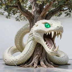 A beautiful installation art of a large, looming creature with a long, snake-like body. The creature has many large, sharp teeth, and its eyes glow a eerie green. It is wrapped around a large tree, which is bent and broken under the creature's weight. There is a small figure in the foreground, clutching a sword, which is dwarfed by the size of the creature. warm, Wanda Gág by Naoto Hattori, by Claude Cahun intuitive