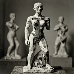 extreme harsh lighting antique photograph of biomorphic surreal sculpture of a curvaceous standing figure of enemy of mankind, made of plaster and old circuitry and stained with sumi ink, sculpted by alexander rodchenko and eva hesse, photographed by francesca woodman, tragic grainy shallow depth of field high contrast shocking detail trending on artstation 8 k