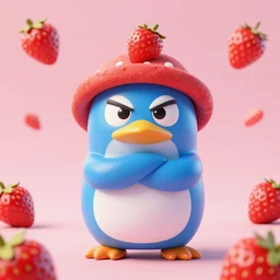 Beautiful 3d tender of a angry blue pingüin with a hat Made strawberry dramatic lighting