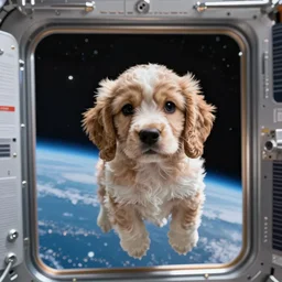 a cute cocker spaniel puppy floating inside the international space station, realistic, professional photography, 4 k, sharp lens, focus, depth of field