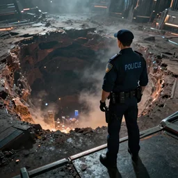 a futuristic police an standing on a ledge, looking down at a massive crater, cinematic lighting, solarpunk, sci-fi movie still