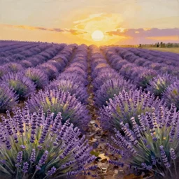 painting of lavender field, highly detailed, golden hour