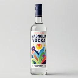 bottle of magnolia vodka, award winning label design, label design, bottle design, spirits category, full length, behance trending, pinterest, illustration, drawingd, main market, colourful, liqueur, octane render, 8 k,