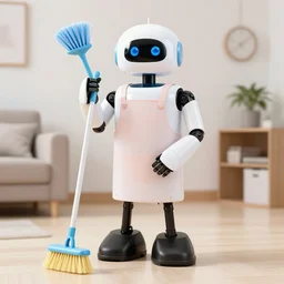 a robot dressed as a cleaning lady, holding a brush