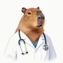 drawing of a doctor capybara wearing a lab coat with a stethoscope around his neck
