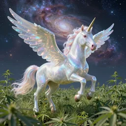 an iridescent unicorn with translucent wings frolicking in a field of marijuana, a nebula is in the sky, art by artgerm and greg rutkowski and alphonse mucha, concept art, octane render, unreal engine 5, highly detailed, high quality, 8 k, soft lighting, path traced