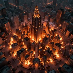 a breath - taking aerial view of a ghost city on grand fire by lip comarella, trending on artstation, highly detailed