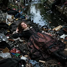 girl in victorian wear lied in canal full of water surrounded of trash and bodies dark artistic