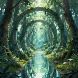 mirror portal garden. the dimensional gateway leads to a otherworldly forest, pixiv fanbox, dramatic lighting, maximalist summer color palette, splatter paint, pixar and disney concept, graphic novel by fiona staples and dustin nguyen, peter elson alan bean wangechi mutu, clean cel shaded vector art, on artstation