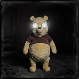 daguerreotype photograph of [ winnie the pooh ] with [ [ [ [ [ [ flashlight eyes ] ] ] ] ] ] standing creepily in the middle of a pitch black room, pitch black, light coming only from his eyes, creepy, dramatic lighting
