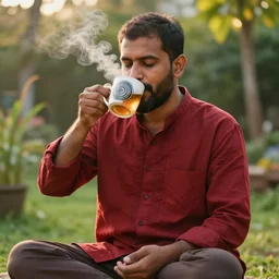 mr robert is drinking fresh tea, smoke pot and meditate in a garden from spiral mug, detailed smiled face, short beard, golden hour, red elegant shirt