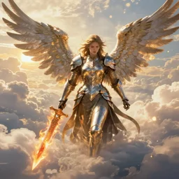 A beautiful fierce angel with wings, wearing metal battle armor and a flaming sword, among heavenly sunlit clouds, intricate, elegant, detailed, digital painting, golden hour photography, medium shot, trending on artstation, concept art, smooth, sharp focus, illustration, art by artgerm and Greg Rutkowski and Alphonse Mucha