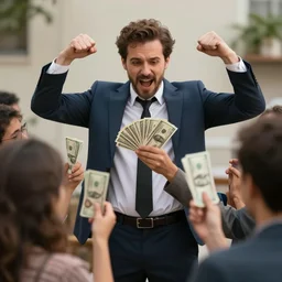 rich person flexing their cash to poor people, poor people with no money, person raising money up in front of people, photorealistic + rendered in vray + hd + trending on artstation + DOF + Reality