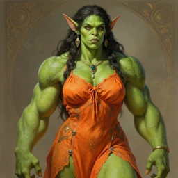 muscled green-skinned orc princess wearing an orange summer dress, intricate, highly detailed, digital painting, artstation, concept art, smooth, sharp focus, illustration, Unreal Engine 5, 8K, art by artgerm and greg rutkowski and alphonse mucha