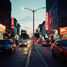 cinestill 8 0 0 t photograph of a neon lit - african urban street - with cartivator skydrive traffic,