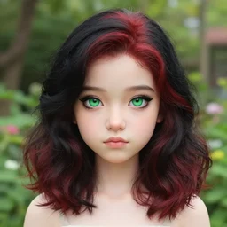 a realistic illustration portrait of a beautiful cute girl with wavy black red shoulder - long hair, a pointy nose and, round chin black eyeliner and green pupills, in a garden, trending on artstation, hyper - realistic lighting, intricate by casey baugh