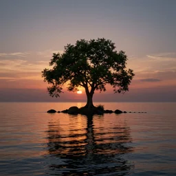 a landscape photograph of a single tree on an island in the completely calm sea, the sunset reflecting in the sea, amazing colours, shadows, dramatic lighting, trending on artstation, octane render, 8 k, hd