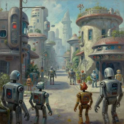cinematic view of a retro scifi neighborhood, robots, desaturated, psychedelic, tim hildebrandt, wayne barlowe, bruce pennington, donato giancola, larry elmore, oil on canvas, masterpiece, trending on artstation, featured on pixiv, cinematic composition, dramatic, beautiful lighting, sharp, details, hyper - detailed, hd, hdr, 4 k, 8 k