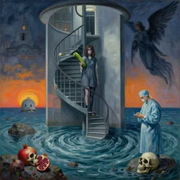 painting of a flooded spanish hospital, a spiral staircase, death, cold, a tall emo girl, holding a courgette, sunrise, skull, rocks by the sea, island, surgeon, pomegranates, a dark angel, a whirlpool, swirls, zen, surrealist, by magritte and monet
