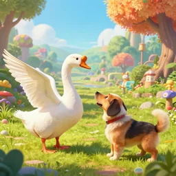 a white big goose was fighting with a dog, trending on artstation by wenjun lin, irakli nadar, bright colors, octopath traveler, wenjun lin, unreal engine 5 highly rendered, global illumination, radiant light, detailed and intricate environment