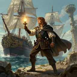 concept art of a swashbuckler holding a candle holder discovering a sunken ruins, wearing a cape, grand ship, highly detailed, digital art, illustration, artstation, very detailed, 4 k