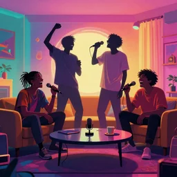 four friends laughing and playing with microphone in living room, epic pose, silhouetted, distinct, digital art, vaporwave, psychedelic, surreal, trending on Artstation, professional artist, detailed, 4k