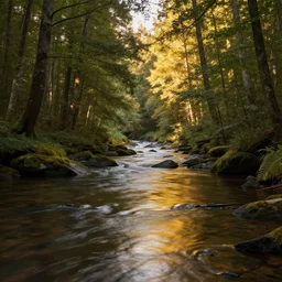 river in a forest, golden hour, ray tracing reflection, 8k, hyper realistic, insainly detailed, hdr, octan render,