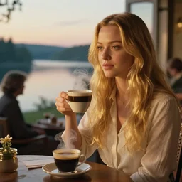 dreamy mila kunis, goldne hour, steaming coffee, mystical lake view vista, anton fadeev, paul lehr, rhads, alena aenami