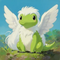 oil painting of a cute winged lizard with long white fluffy fur, by Hayao Miyazaki