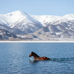 horse swiming through large lake, snowed mountains in the background, huge view panoramic, beautiful landscape