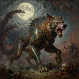 concept art of giant werewolf, lovecraftian, renaissance, roaring, melting horror, round moon, rich clouds, fighting the horrors of the unknown, mirrors, very detailed, volumetric light, mist, grim, fine art, decaying, textured oil over canvas, epic fantasy art, very colorful, ornate scales, anato finnstark