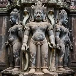 angkor, asuras giant yaksha statues, front full body standing, holding snakes, photorealistic, photography hight quality, sharp, stones, award winning photography, canon, thierry rouzier